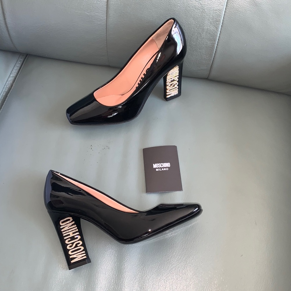 Moschino Patent Leather Crystal Logo Pumps - Picture 1 of 11